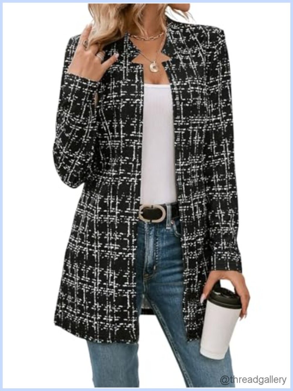 Women's Notched Plaid Tweed Blazer Open Front Slim Fit Hip Length Jacket